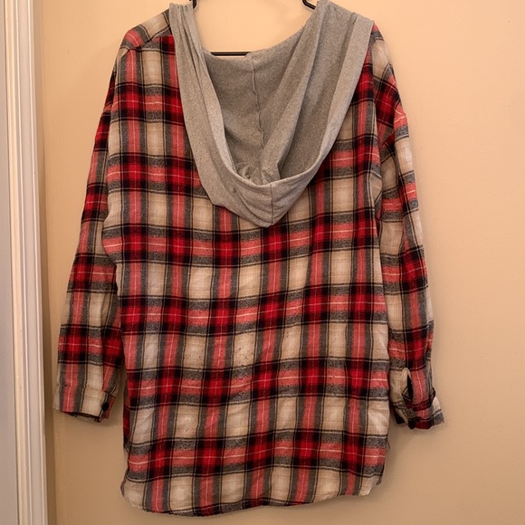 Plaid pattern long sleeve shirt with gray hood - Picture 2 of 2